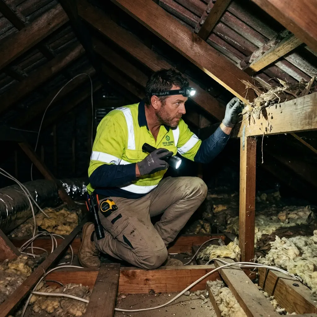 Technician inspecting a roof cavity for a dead animal in Sunshine
